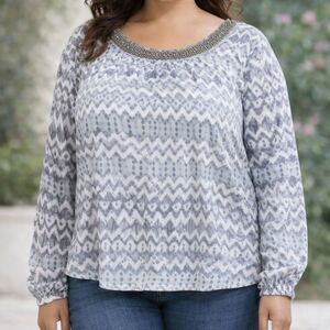 Studio Y Beaded Neckline Boho Blouse Criss Cross Back Long Sleeve XL